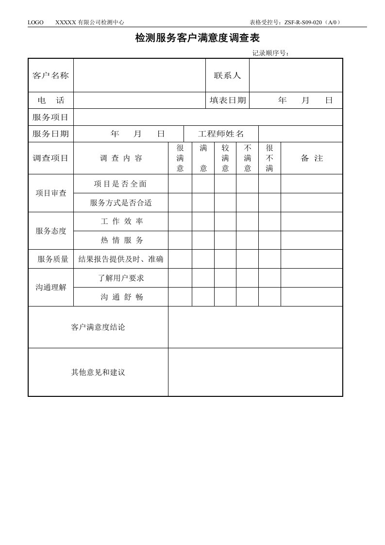 检测服务客户满意度调查表